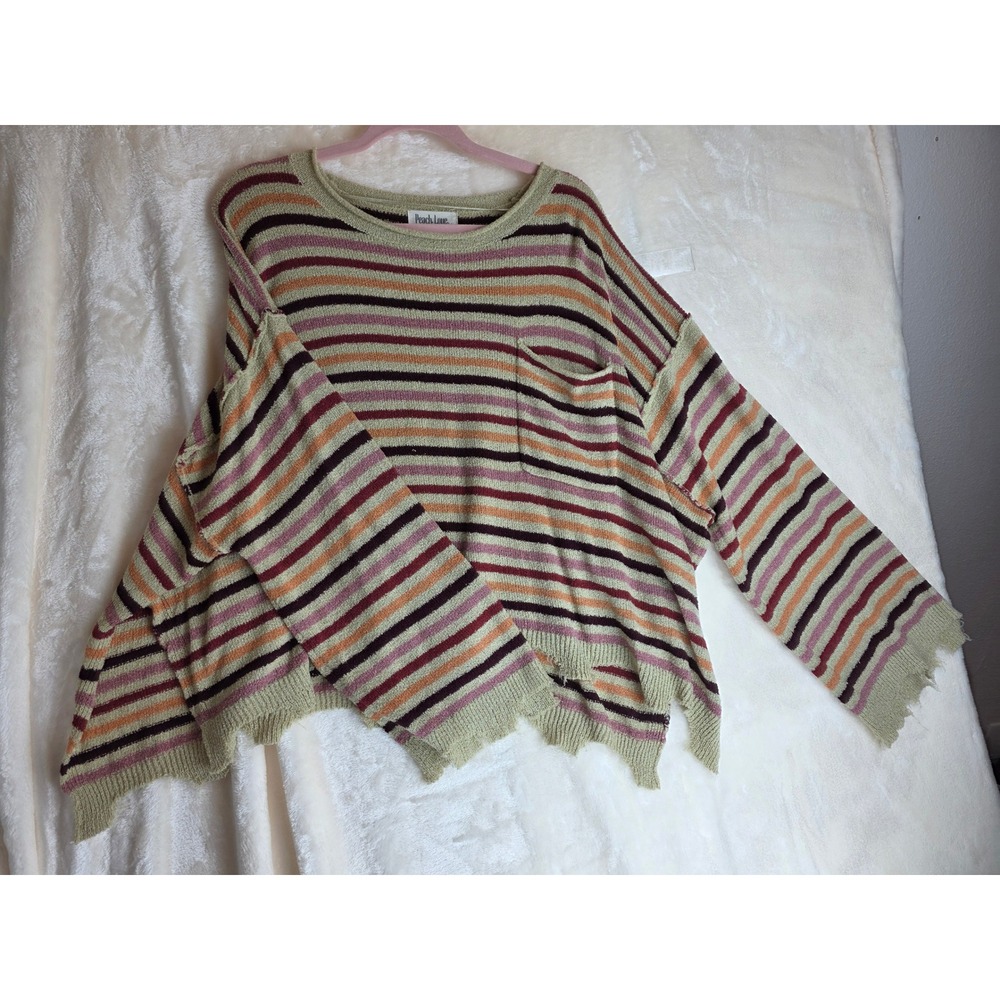 Peach Love California Striped Distressed Oversized Knit Sweater Top Women's L